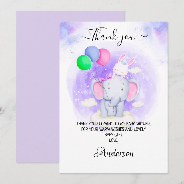 Carte De Remerciements Eléphant de fille, lapin avec Baby shower de ballo (Devant / Derrière)