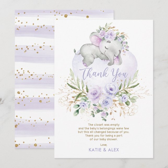 Carte De Remerciements Elephant Dreamy Purple Gold Baby shower Floral Que (Devant / Derrière)