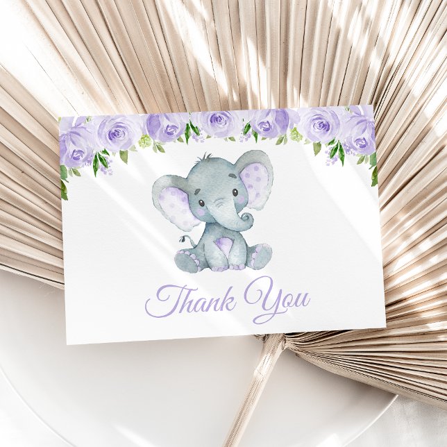 Carte De Remerciements Eléphant, Fleurs d'aquarelle violette, Baby shower (Créateur téléchargé)