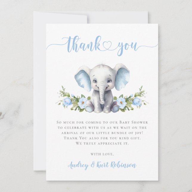 Carte De Remerciements Éléphant Floral Bleu Bébé Garçon Little Peanut Sho (Devant)
