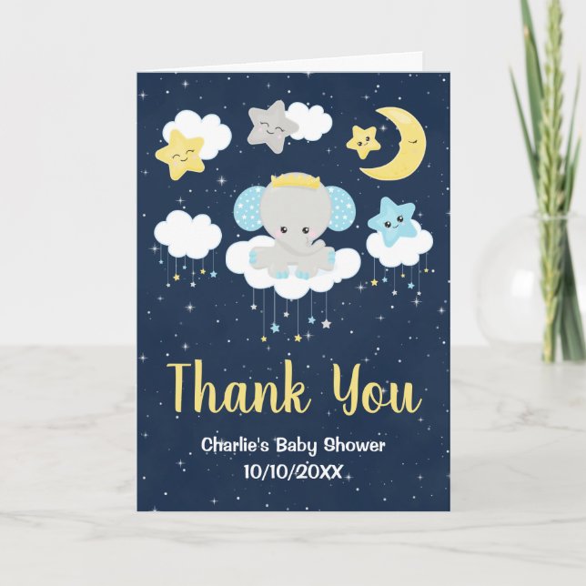 Carte De Remerciements Eléphant Jaune et Baby shower de marine (Devant)