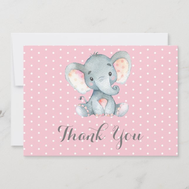 Carte De Remerciements Éléphant Mignon Bébé Fille Rose et Gris (Devant)