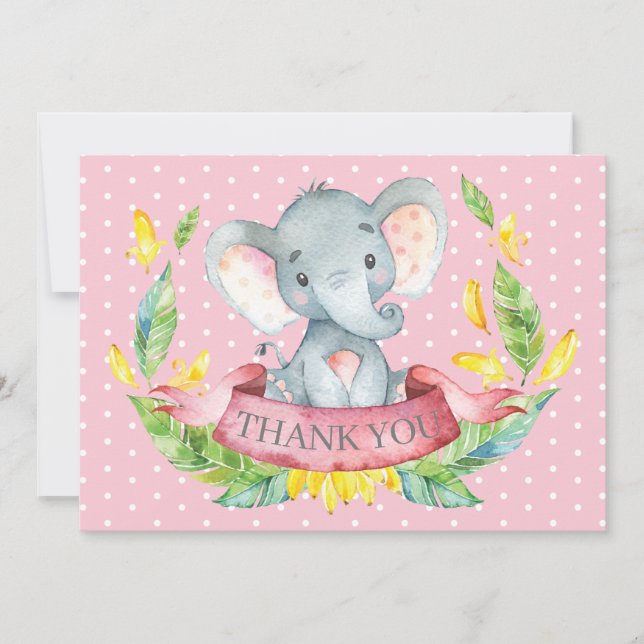 Carte De Remerciements Éléphant Mignon Bébé Fille Rose et Gris (Devant)