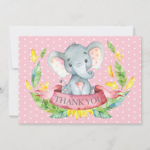 Carte De Remerciements Éléphant Mignon Bébé Fille Rose et Gris
