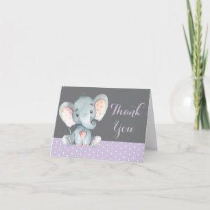 Carte De Remerciements Éléphant Mignon Bébé Fille Violet et Gris