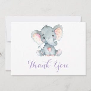 Carte De Remerciements Éléphant Mignon Bébé Fille Violet et Gris
