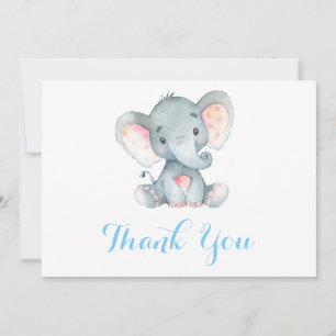 Carte De Remerciements Éléphant Mignon Bébé Garçon Bleu et Gris