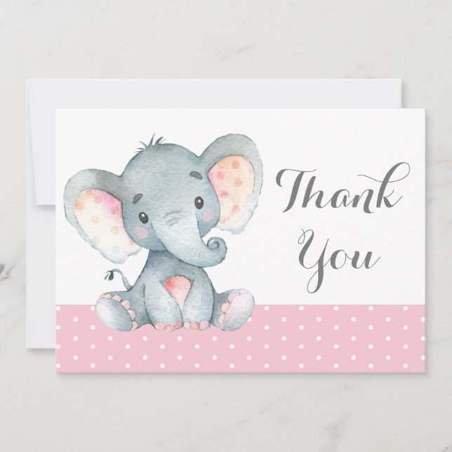 Carte De Remerciements Eléphant mignon fille bébé rose et gris (Devant)
