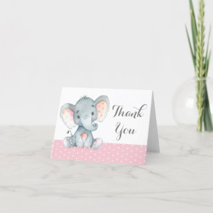 Carte De Remerciements Eléphant mignon fille bébé rose et gris