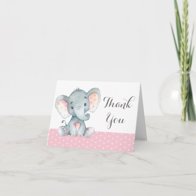 Carte De Remerciements Eléphant mignon fille bébé rose et gris (Devant)