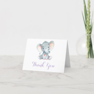 Carte De Remerciements Eléphant mignon fille pourpre et gris