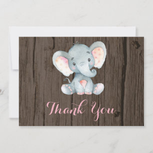 Carte De Remerciements Éléphant Mignon Rustique Bébé Fille Rose et Gris
