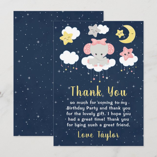 Carte De Remerciements Elephant rose et la fête d'anniversaire de la Mari (Devant / Derrière)