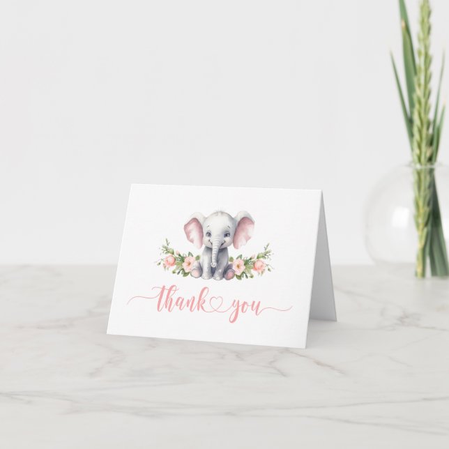 Carte De Remerciements Eléphant rose Floral Baby Girl Douche (Devant)