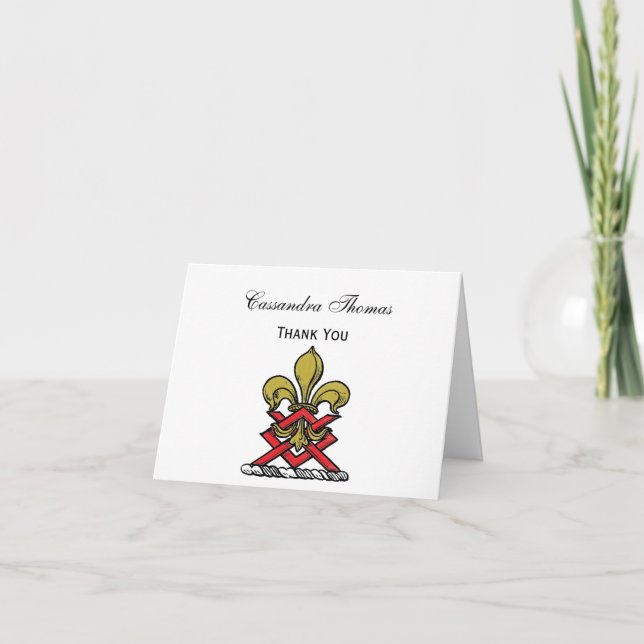 Carte De Remerciements Emblème Preppy Gold Red Heraldic Crest Fleur de Li (Devant)