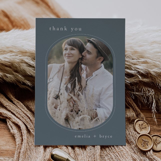 Carte De Remerciements EMELIA Flat Navy Rustic Minimal Boho Photo Mariage (EMELIA Flat Navy Rustic Minimal Boho Photo Wedding Thank You Card)