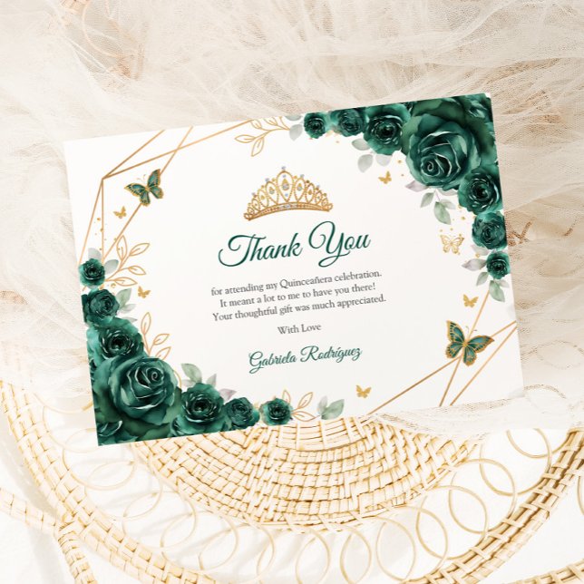 Carte De Remerciements Emerald Gold Floral Quinceanera (Créateur téléchargé)