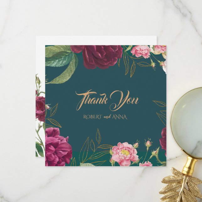 Carte De Remerciements Emerald Green Floral Mariage (Devant/Arrière en situation)