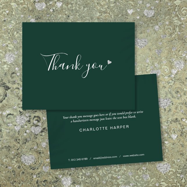 Carte De Remerciements Emerald Green Silver Heart Chic Script Business (Emerald Green Silver Heart Chic Script Business Thank You Card)