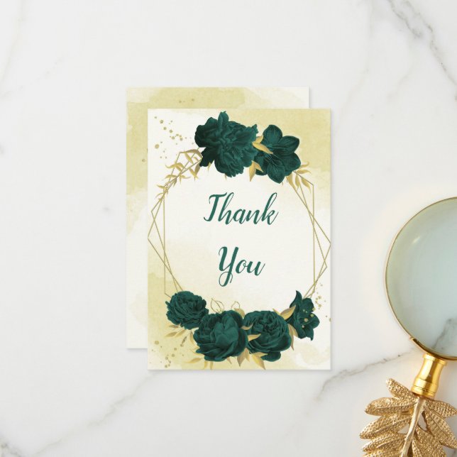 Carte De Remerciements Emerald vert fleurs or feuille mariage (Devant/Arrière en situation)