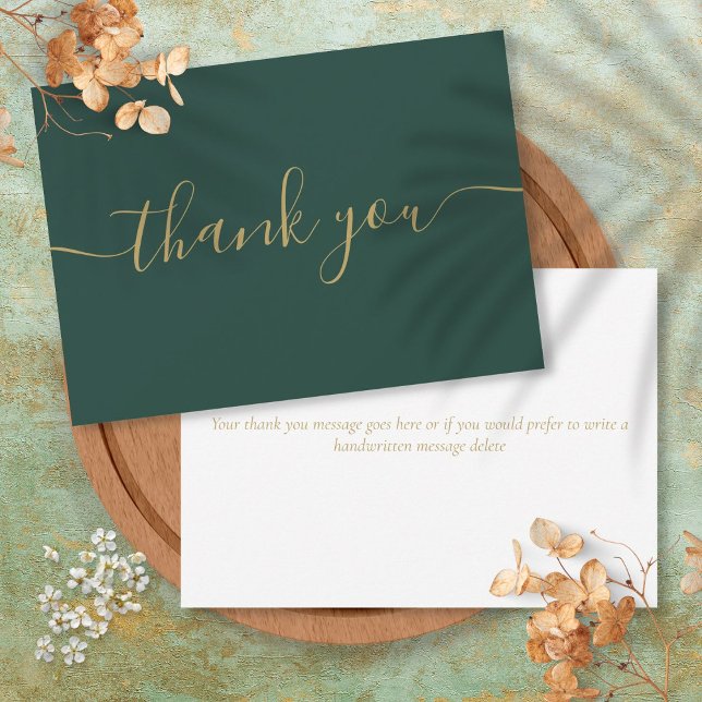 Carte De Remerciements Émeraude Et Or Simple Design Élégant Script (Emerald And Gold Simple Modern Elegant Script Thank You Card)