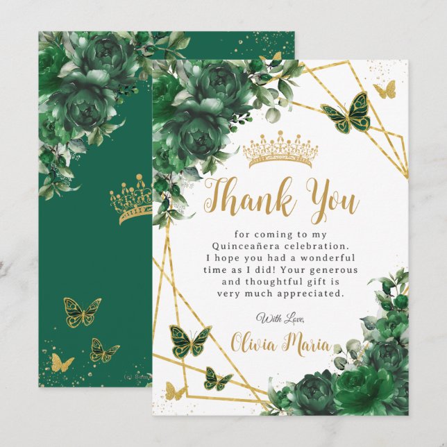 Carte De Remerciements Émeraude Florale Quinceañera Papillons (Devant / Derrière)