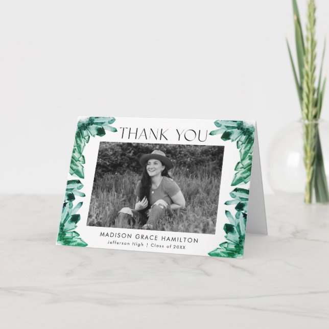 Carte De Remerciements Émeraude Vert Aquarelle Cristaux Photo Graduation (Devant)
