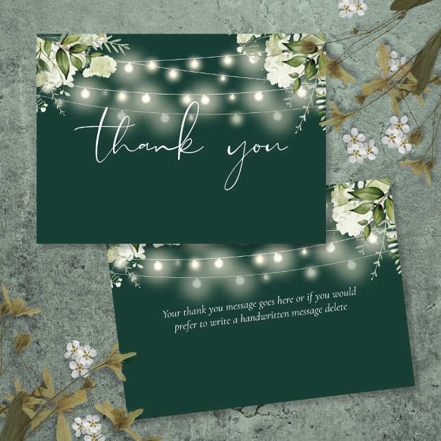 Carte De Remerciements Émeraude Vert Floral Lumières (Emerald Greenery Floral String Lights Thank You Card)