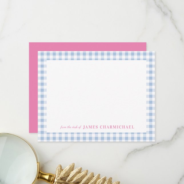 Carte De Remerciements En vichy bleu avec rose du bureau de (Devant/Arrière en situation)