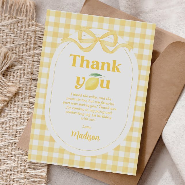 Carte De Remerciements en vichy Lemon Thème 1er anniversaire (Créateur téléchargé)