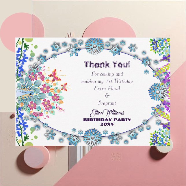 Carte De Remerciements Enfant Douce Ovale Bleu Petit Bourgeon de Fleur An (Kid's Soft Oval Blue Little Flower Bud Birthday Thank You Card)