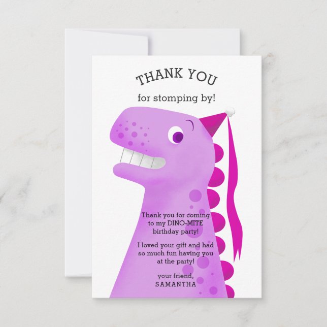 Carte De Remerciements Enfants Dinosaur fête d'anniversaire rose (Devant)
