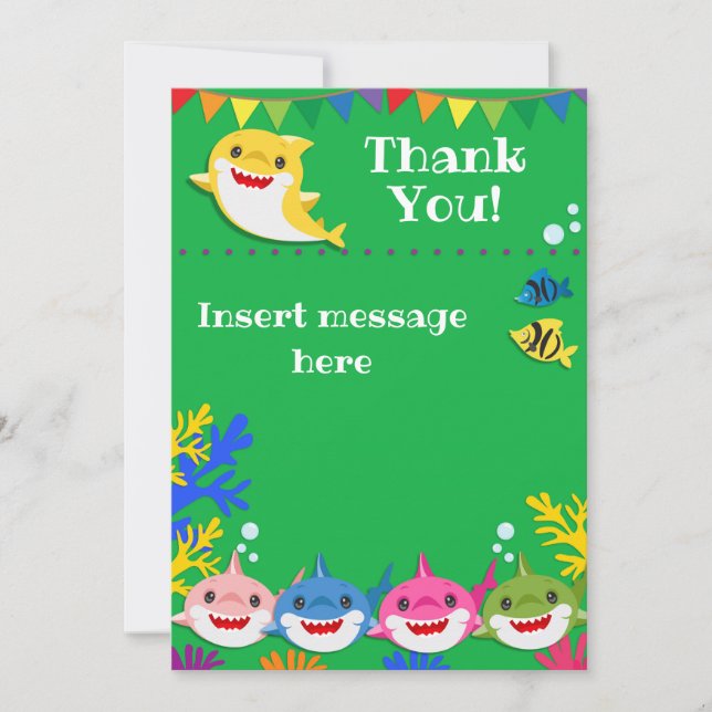 Carte De Remerciements Enfants Jaunes Requin Vert Anniversaire (Devant)