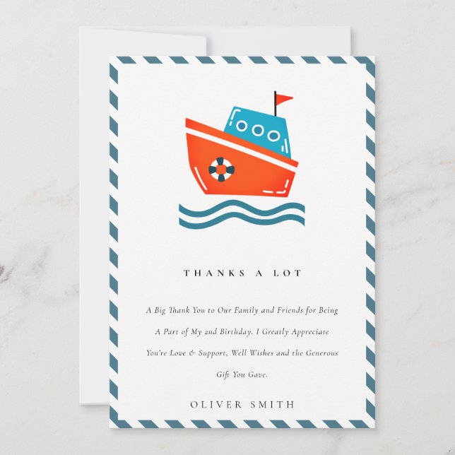 Carte De Remerciements Enfants mignons nautiques bateau anniversaire tout (Devant)