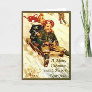 Carte De Remerciements Enfants S'amuser Sledding Vintage Look Joyeux Noël