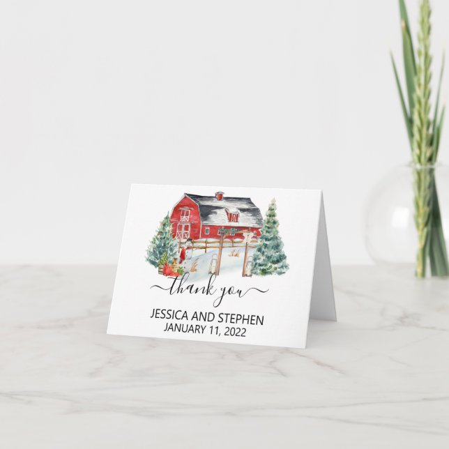 Carte De Remerciements Enregistrer la date Hiver Grange Noël Mariage (Devant)