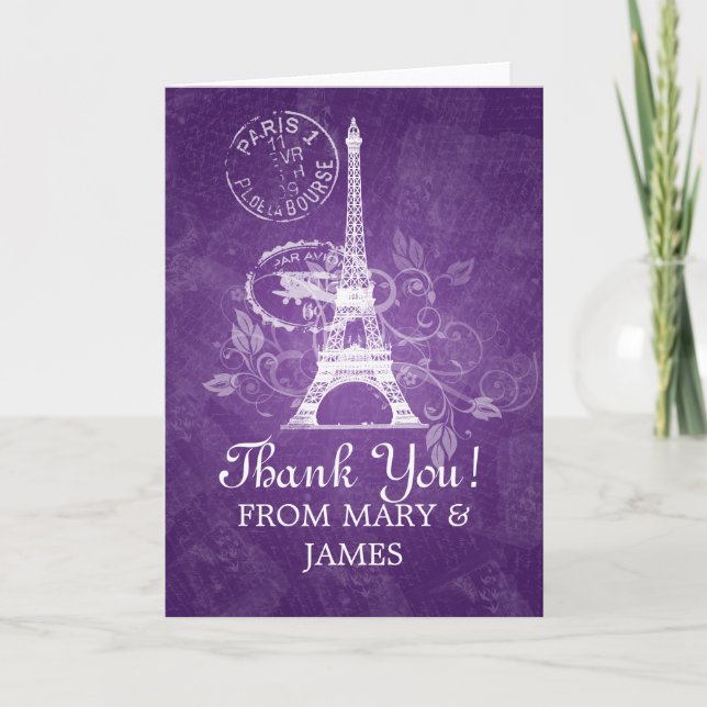 Carte De Remerciements Épouser le pourpre romantique de Paris de "Merci" (Devant)