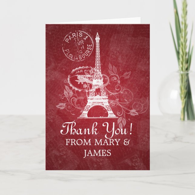 Carte De Remerciements Épouser le rouge romantique de Paris de "Merci" (Devant)