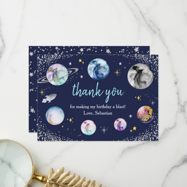 Carte De Remerciements Espace Anniversaire Premier Voyage Autour Du Solei (Devant/Arrière en situation)