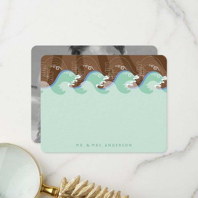 Carte De Remerciements Été Aqua Waves & Sun Photo Modern Beach Mariage (Devant/Arrière en situation)