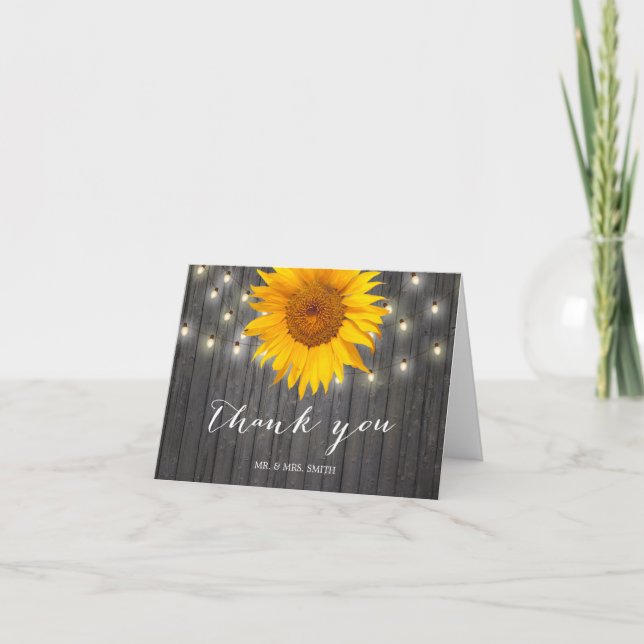 Carte De Remerciements Étoffe Rustique Bois Chaîne Lumières Tournesol Mer (Devant)