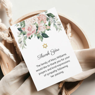 Carte De Remerciements Étoile de David Juif Rose Floral Funérailles