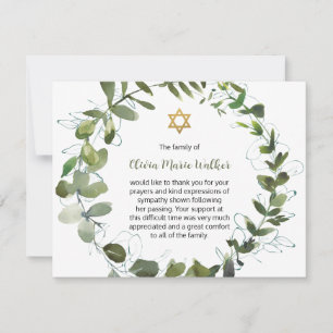 Carte De Remerciements Étoile de David Juive Verdure Wreath Funérailles