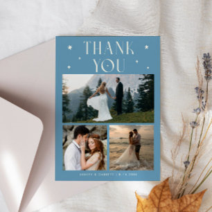 Carte De Remerciements Étoiles Élégantes Mariage Multi Photo Denim Bleu