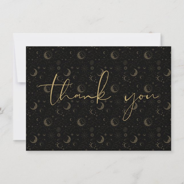 Carte De Remerciements Étoiles Et Lunes Mystiques Célestes Noires Et Or (Devant)