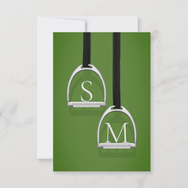 Carte De Remerciements Étriers Monogrammés Équestres Vert Gazon (Devant)