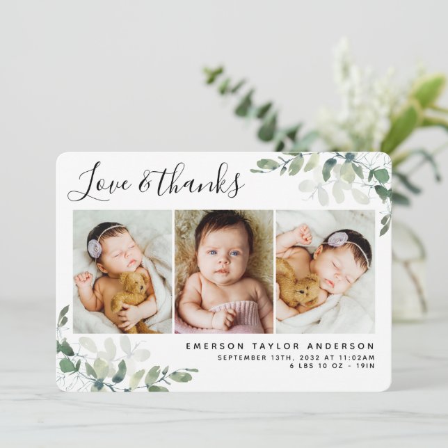 Carte De Remerciements Eucalyptus 3 Photo Bébé Statistiques de naissance (Debout devant)