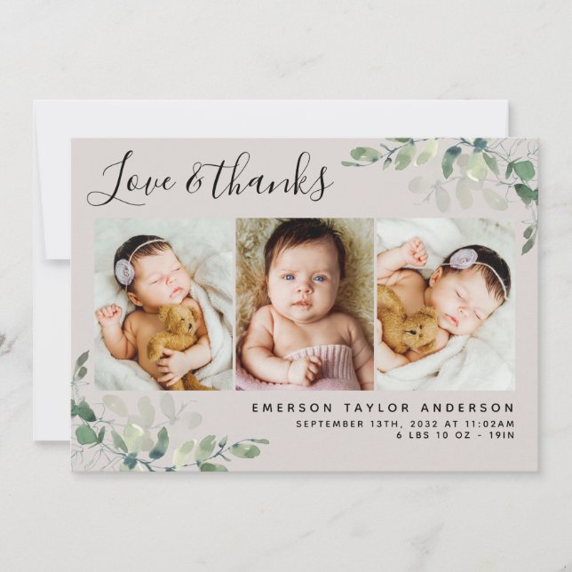 Carte De Remerciements Eucalyptus beige 3 Photo Chiffres de naissance (Devant)