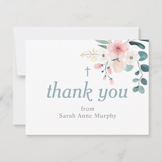 Carte De Remerciements Eucalyptus et Baptême de fleurs roses (Devant)