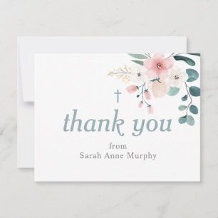 Carte De Remerciements Eucalyptus et Baptême de fleurs roses